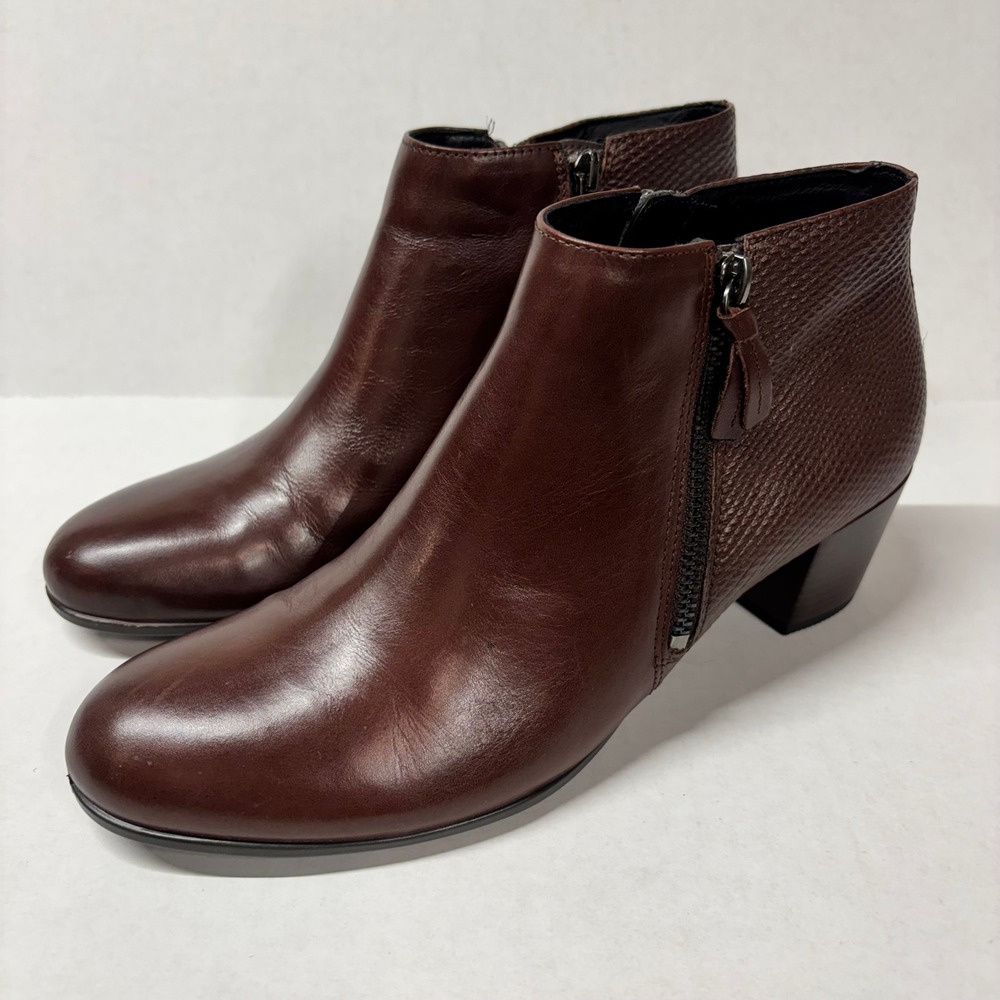 ECCO Womens Ankle Boots Sz 8 Brown Leather Mixed Texture Block Heel Zip Booties